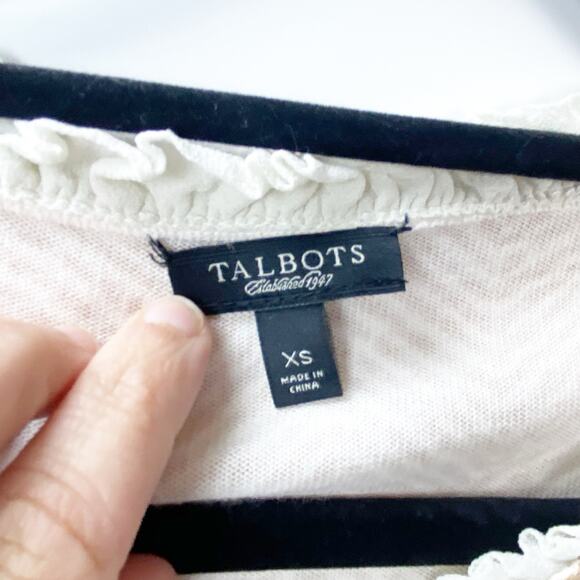 Talbots XS Womens Cream Tan Chevron Ruffle Trim Button Front Sweater Cardigan - Picture 4 of 8